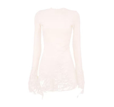 Ragged High Neck Knitted Top - Cream White