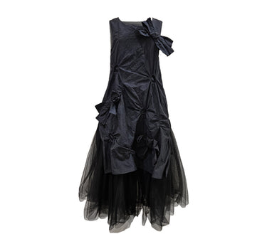Women's Puff Sleeve Bow Black Vest Dress