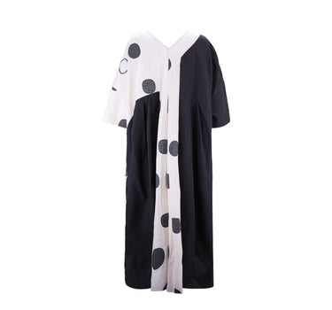 Lina Robe - Black Linen-Blend with White Base & Black Polka Dots