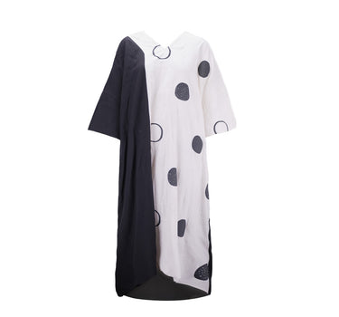 Lina Robe - Black Linen-Blend with White Base & Black Polka Dots