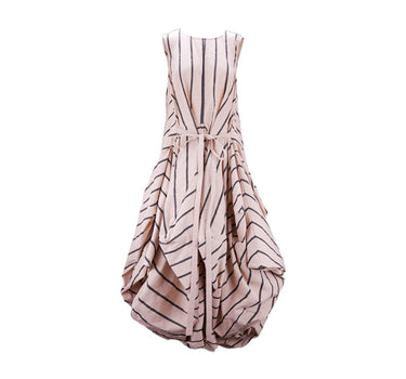 Round-Neck Asymmetric Draped Vest Maxi Dress — Apricot with Black Stripes