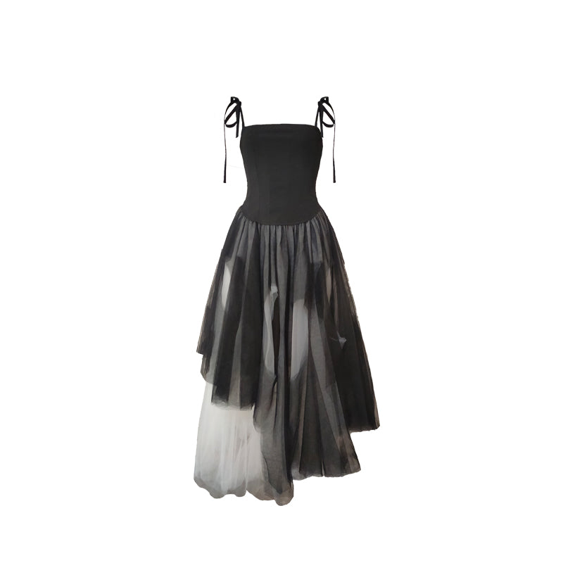Xiomara Ombré Suspender Dress - Black and White Patchwork