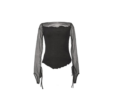 Textured wool knit blouse with tulle sleeves