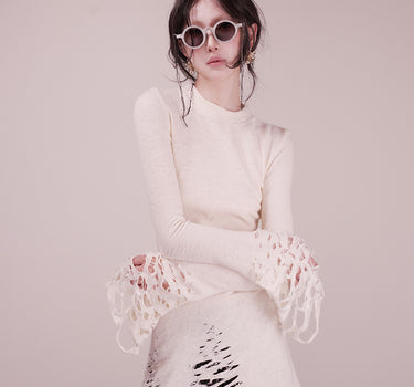 Ragged High Neck Knitted Top - Cream White